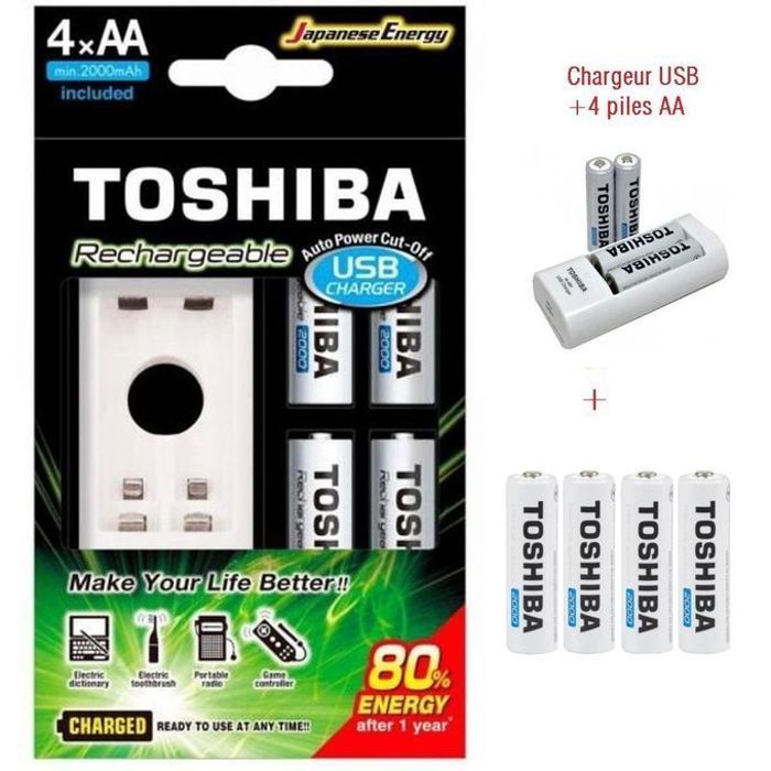 Chargeur de batterie - TOSHIBA - TNHC-6GME2 - 2000mAh - 4 piles AA - Rechargeable USB