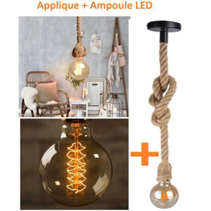 Lampe suspendue industrielle rétro en corde de chanvre E27, Luminaire décoratif