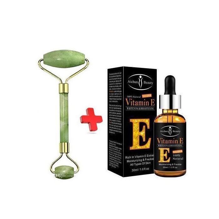 Sérum Visage 2 en 1 - Sérum riche en vitamine E pour les yeux Anti-rides Anti-âge et Jade Stone Facial Roller Multicolore