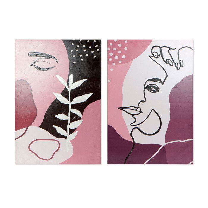 Tableau de décoration - Abstrait - Set de 2 - Grenat et rose - Toile et pin - 80 x 30 x 120 cm