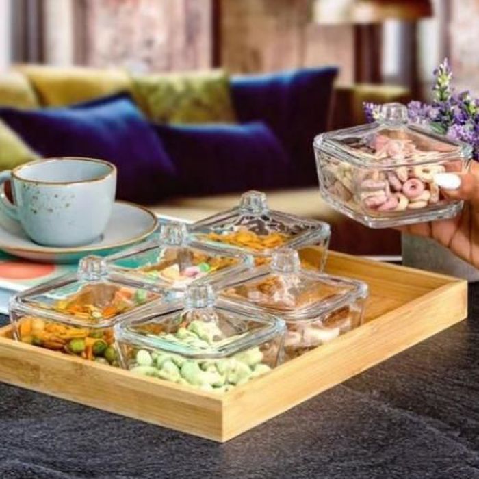 Ensemble de 6 bols à bonbons en verre avec couvercle et plateau en bois