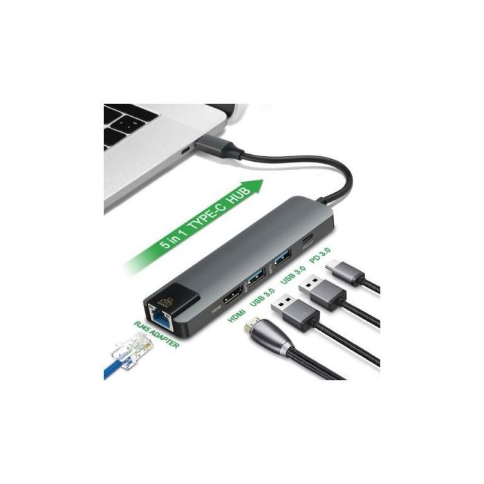 Hub USB Type C 5 en 1 - Non spécifié - HDMI 4K - Ethernet Gigabit - 2 Ports USB 3.0