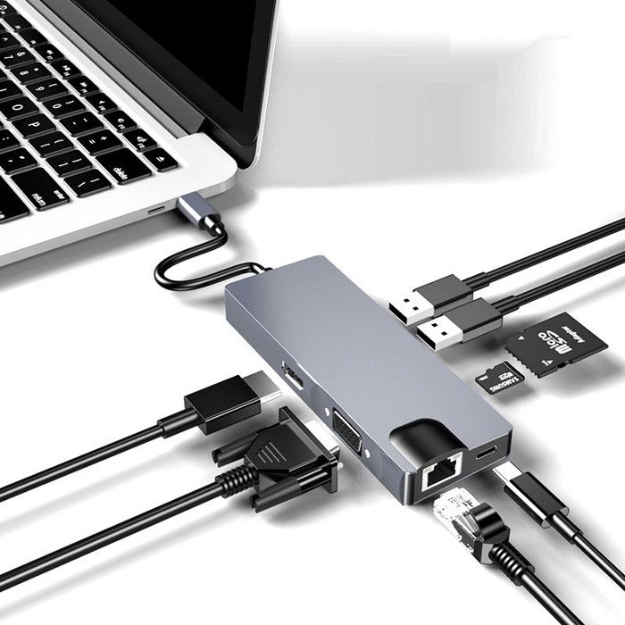 Adaptateur USB C HUB 8 en 1 vers VGA, HDMI 4K, Ethernet RJ45, Port Type C PD, 2 x USB 3.0 et Lecteur de Carte SD/TF