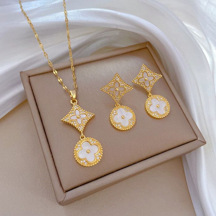 Ensemble de Bijoux - EGO004 - Collier et Boucles d'oreilles - Doré - Acier - Cristal