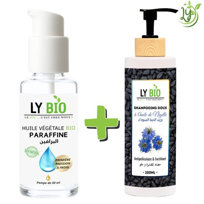 LYBIO PACK HUILE PARAFFINE 50ML - POMPE + SHAMPOOING A L'HUILE DE NIGELLE 200ML - ANTIPELLICULAIRE & FORTIFIANT