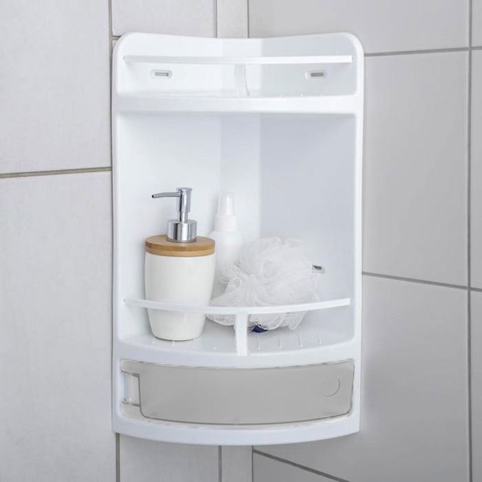 Coin Étagère de Salle de Bain avec Tiroir - Étagère Triangulaire - Rangement de Bain - Blanc