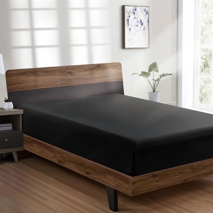 Drap Housse uni Noir - (1 Place -  120x200x30 cm) - Doux & Anti-allérgique