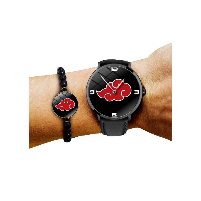 pack Montre à quartz avec Bande en Cuir et bracelet en perles Anime Naruto akatsuki