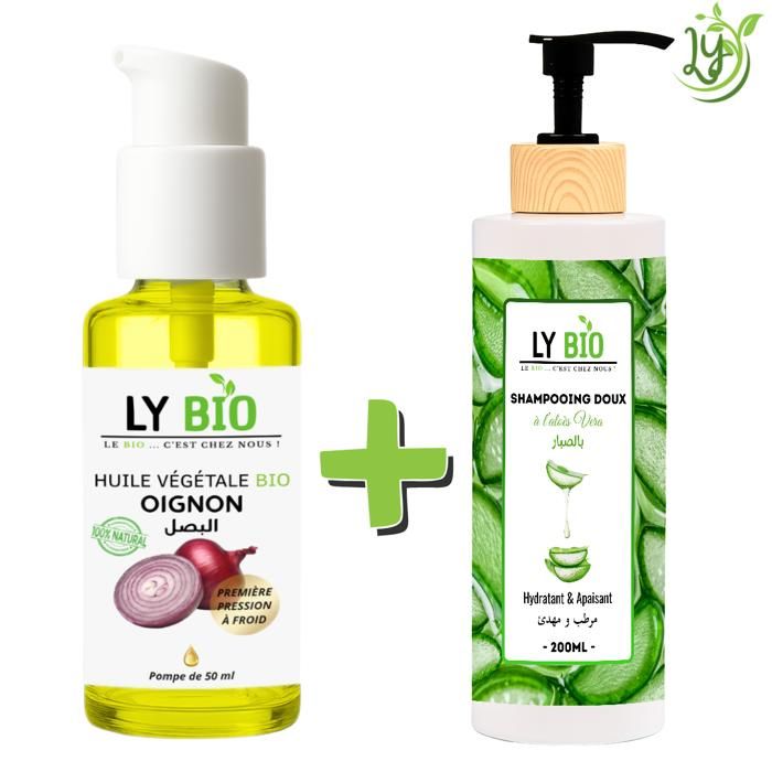 LYBIO PACK HUILE OIGNON 50ML - POMPE + SHAMPOOING ALOE VERA 200ML - HYDRATANT & APAISANT