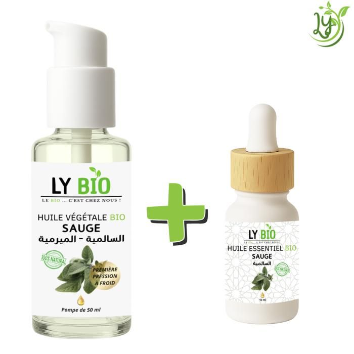 Pack de soins - LYBIO - HUILE SAUGE 50ML - POMPE - HUILE ESSENTIEL SAUGE 10ML - Tous types de cheveux