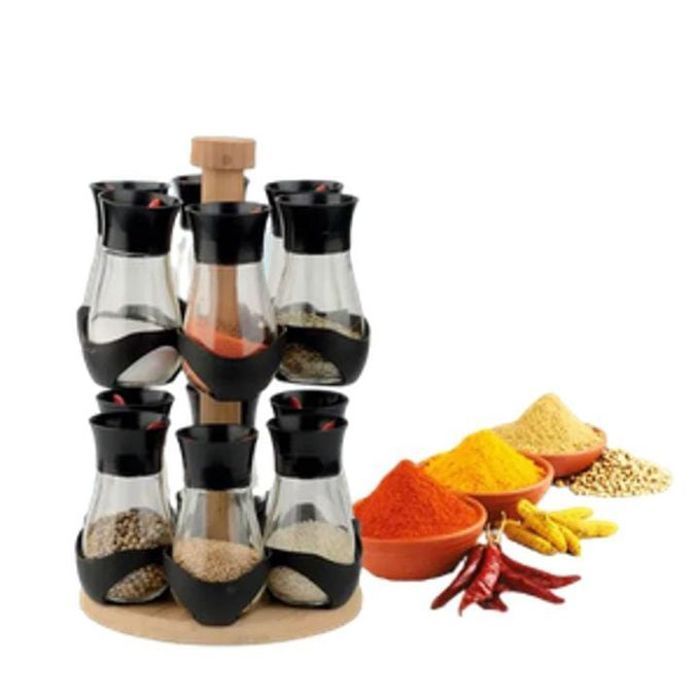 Set 12 pots à épices contemporain + avec support en bois