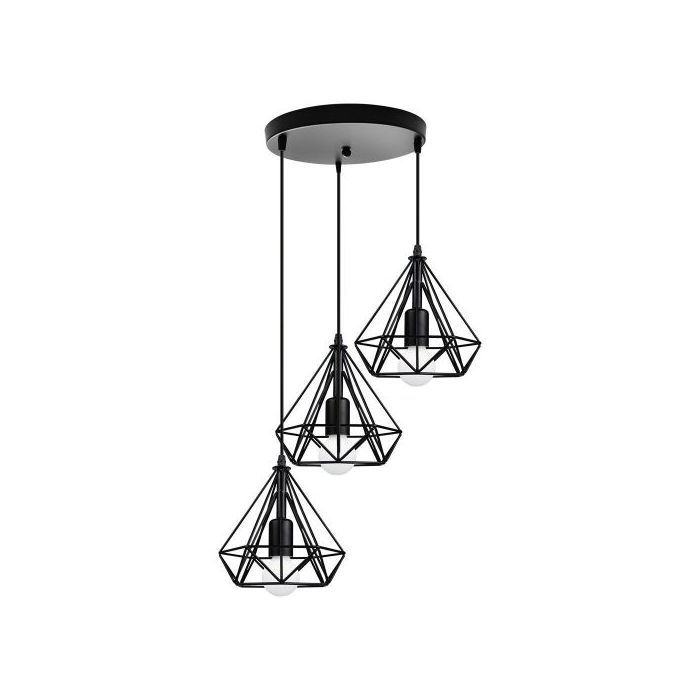 Lustre Suspension Noir 3 Luminaire Lampe Lustre Cage Diamant en Fer Rétro Industrielle