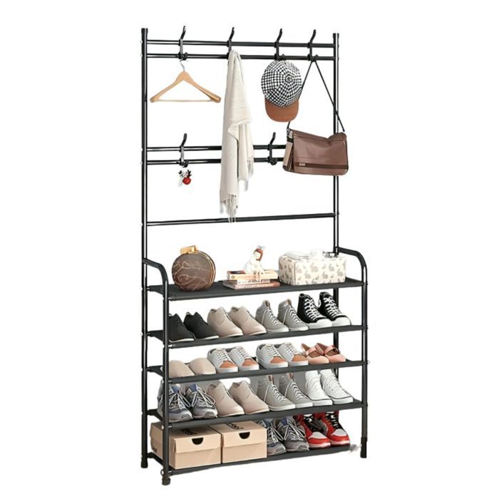 Porte-Manteau en Fer à 5 Niveaux avec Cintre Polyvalent et Organisateur de Chaussures – Solution de Rangement Gain de Place