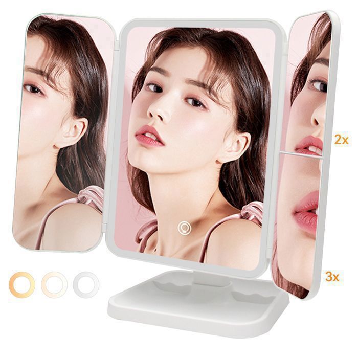 Miroir de Maquillage à 52 LED Lumineux Grossissant X2 X3 Triptyque Lumière Dimmable Tactile 3 Couleurs, 180° Rotation Support Blanc