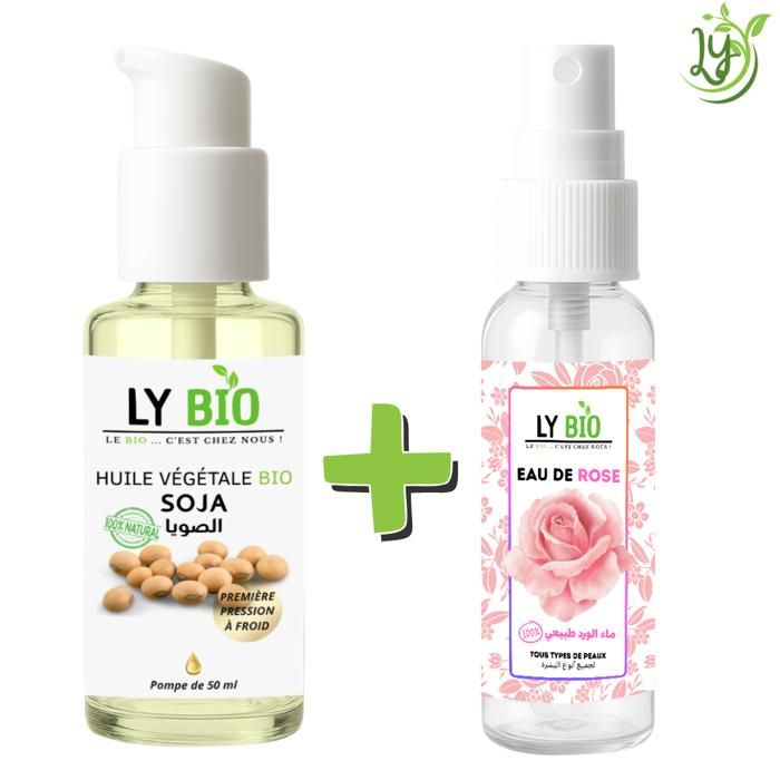 Pack Soin - LYBIO - Huile Soja 50ml + Eau de Rose 100ml - Hydratant - Nourrissant - Apaisant
