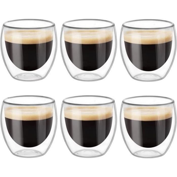 Coffret de 6 Tasses à Café - SINSEN - Verre Borosilicaté - Double Paroi - 80ml - Résistant à la Chaleur