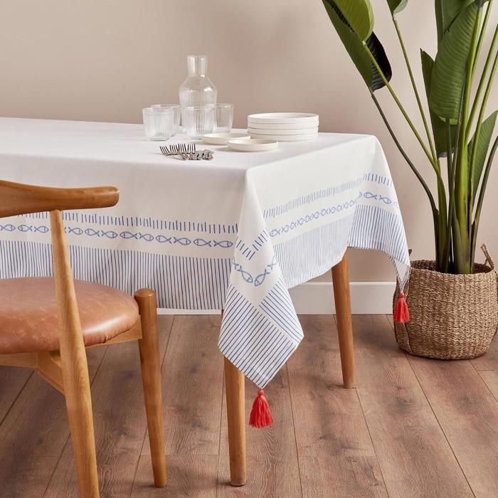 Nappe - Marine - 160x160 cm - 100% Polyester - Lavable en machine - Rayures
