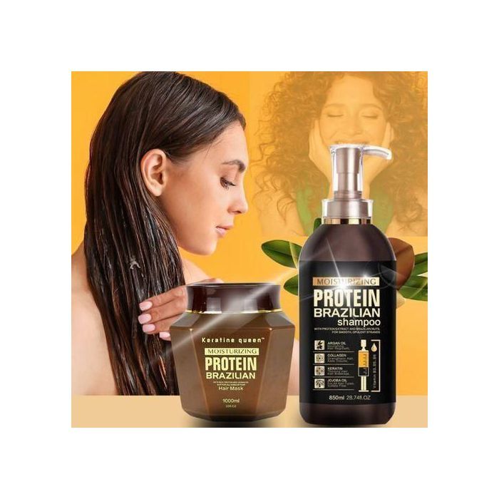 keratine queen Protein Brazilian-Shampooing 800ml et Masque 1000 ml sans sulfate ni parabène