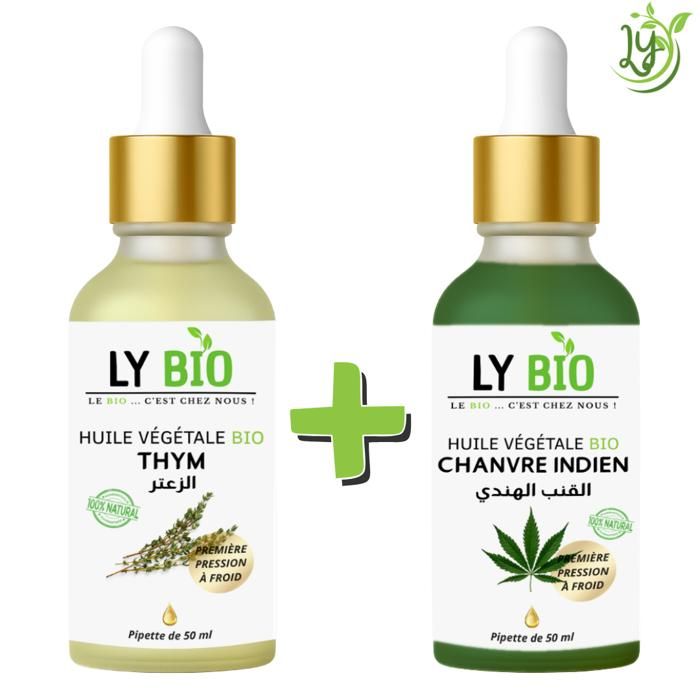 Pack Soin - LYBIO - Huile Thym 50ml - Pipette - Huile Chanvre 50ml - Pipette - Hydratant