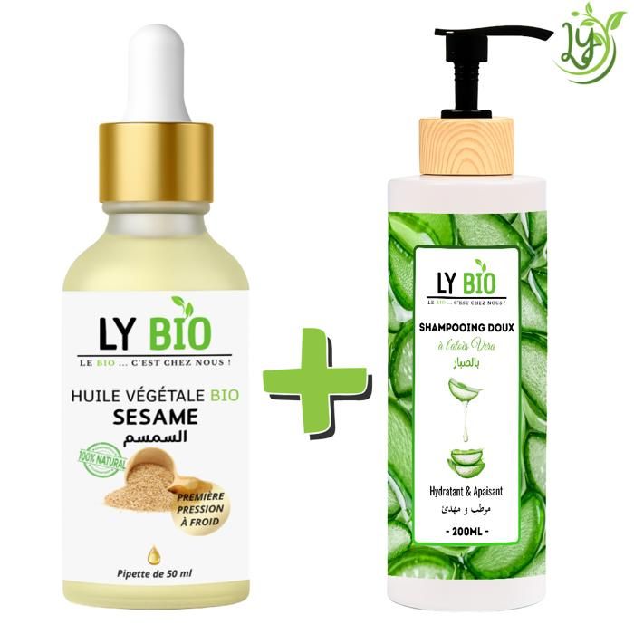 Pack de soins capillaires - LYBIO - Huile de sésame 50ml - Shampooing aloe vera 200ml - Hydratant & apaisant