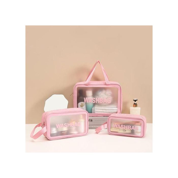 Ensemble de 3 Trousses de Toilette Transparentes Imperméables pour Voyage-Rose