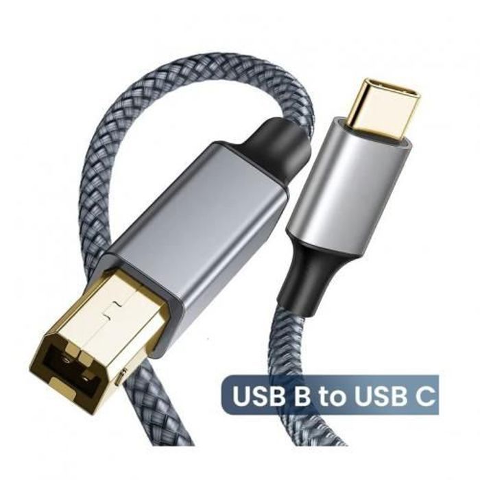 Câble d'imprimante USB B vers USB C - 2 mètres - Transfert haut débit - Gaine tressée en nylon - Réversible
