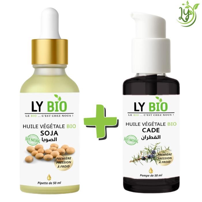 Pack Soin Cheveux - LYBIO - Huile Soja 50ml - Pipette - Huile Cade 50ml - Pompe