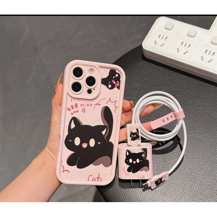 5 pièces : 1 étui téléphone chat en bambou rose anti-choc  compatible iPhone 11