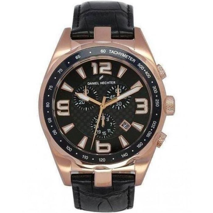 Montre Homme - DANIEL HECHTER - Chronographe - Cuir noir - Cadran bronze - Étanche 10 BAR