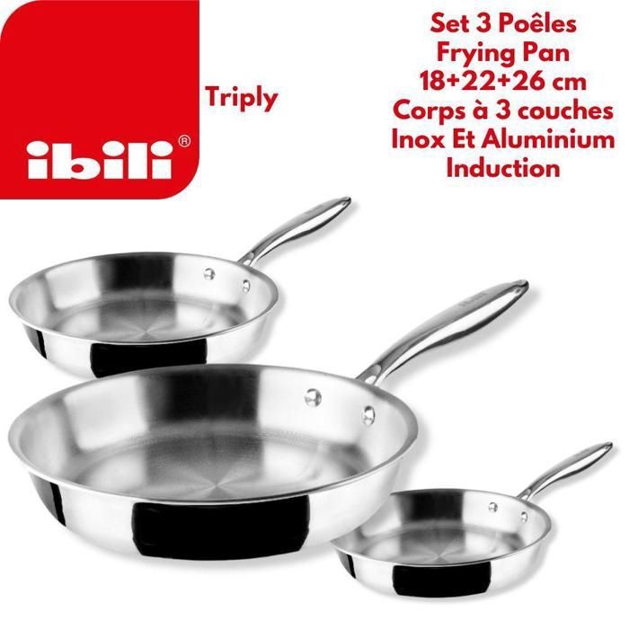 Poêle à frire - IBILI - Set 3 En 1 - 18+22+26 cm - Antiadhésive - Acier Inoxydable Et Aluminium - Induction