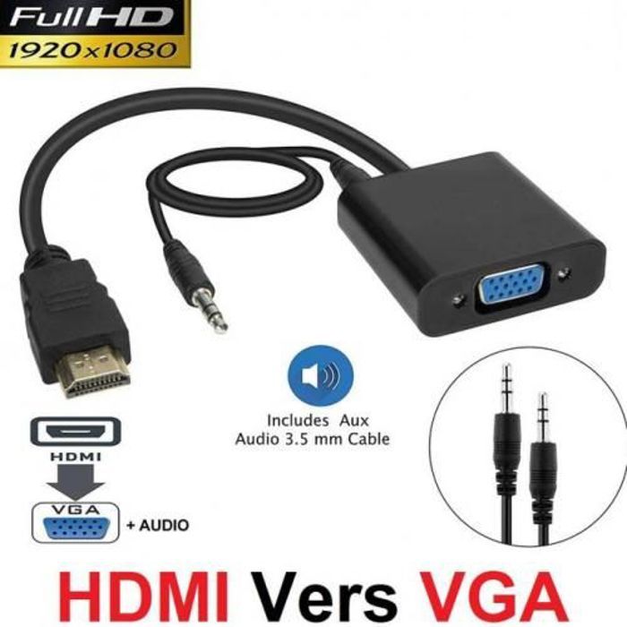 Adaptateur HDMI vers VGA - Non spécifié - 1080P - Avec câble audio - Compatible TV et PC - Noir