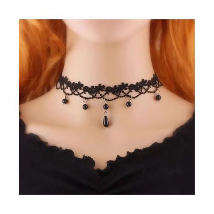 Collier en dentelle de style gothique, Collier ras-du-cou avec pendentif bille, noir