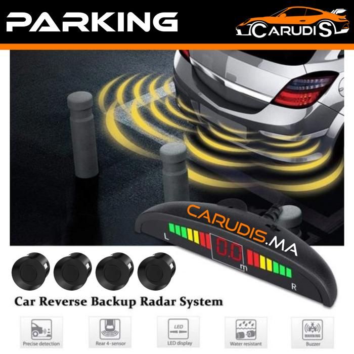 Radar de Recul Sonore avec afficheur LED couleur et 4 Capteurs de Stationnement Noir (Parking Radar)