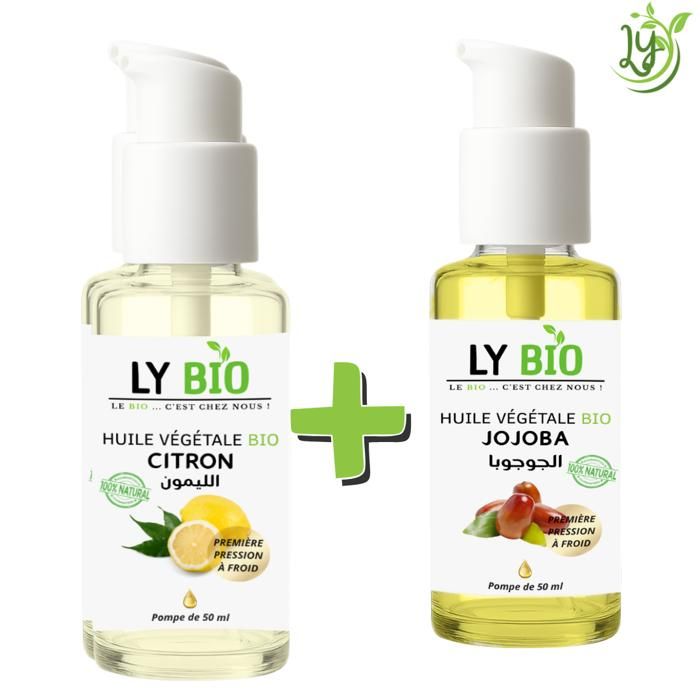 Pack d'huiles - LYBIO - Huile Citron 50ml - Pompe - Huile Jojoba 50ml - Pompe - Hydratant