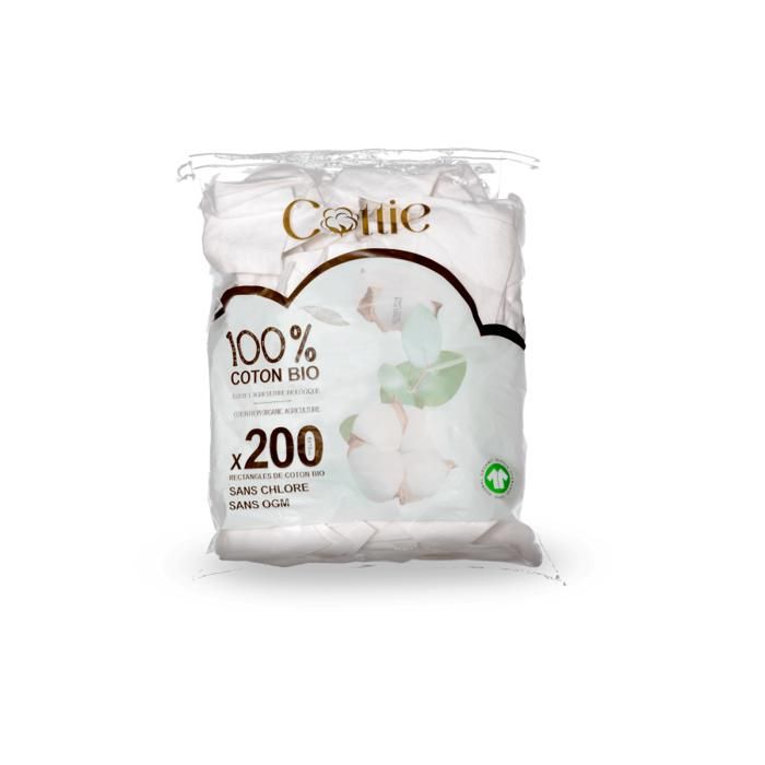 COTON 100% BIO COTTIE; CERTIFIE GOTS ;SACHET DE 200 RECTANGLES 8X10cm