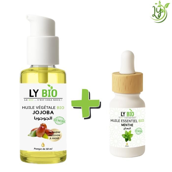 Pack de soins - LYBIO - Huile Jojoba 50ml - Pompe - Huile Essentielle Menthe 10ml - Hydratant