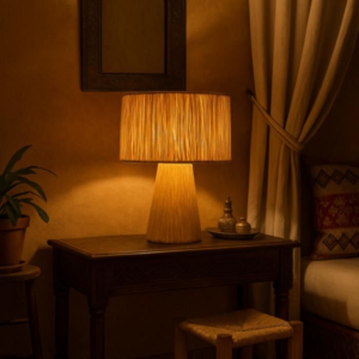 Lampe de table artisanale en raphia – Abat-jour naturel cylindrique style marocain