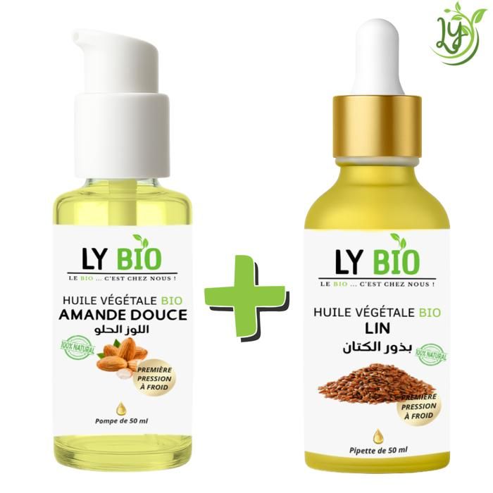 Pack Huile Amande Douce & Huile Lin - LYBIO - 50ml - Pompe & Pipette - Hydratant - Mixte