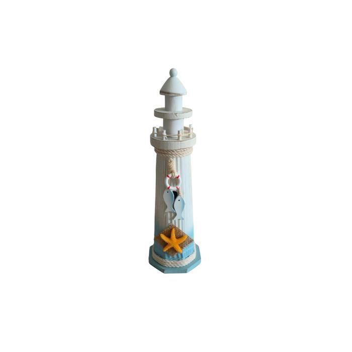 Phare en bois - YATOUT HOME - Motif étoile de mer - 9x9x32 cm - Multicolore - Finition artisanale