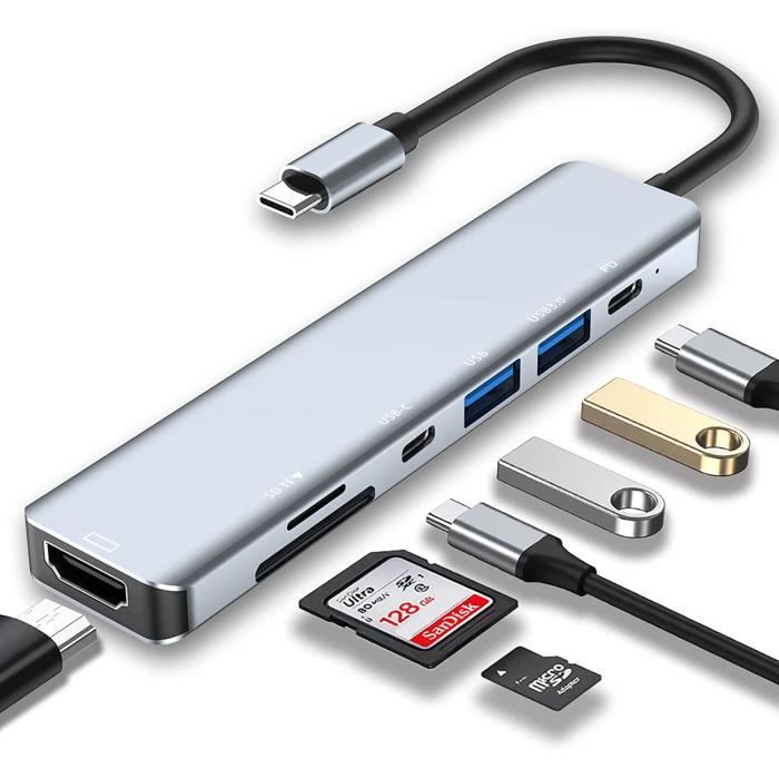 Hub USB C 7 en 1, Adaptateur USB C avec HDMI 4K, Deux Ports USB-C, USB 3.0, Lecteur de Carte SD-TF, PD 100 W, Compatible avec M[486]