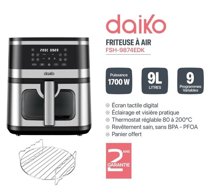 Friteuse XXL - DAIKO - Air Fryer Tactile LED - 9 Litres - 1700W - Sans Huile