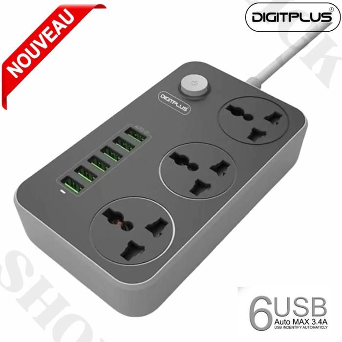 Rallonge de Prise de courant DIGITPLUS avec 6 ports de chargement USB 3.4A