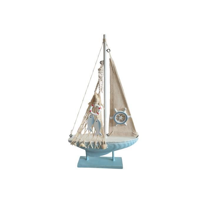 Sculpture - Bleu Marine - Bateau à Voile - Bois - 18x4x30,5 cm - Élément Décoratif