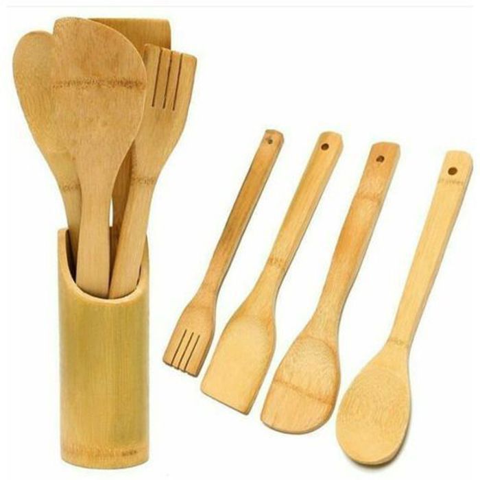 Ensemble de 4 ustensiles de cuisine en bois de bambou avec support : idéal pour poêles antiadhésives