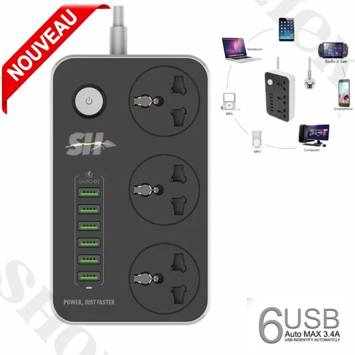 rallonge de prise électrique de commutateur avec 6 USB pour charger le téléphone USB  3.4A
