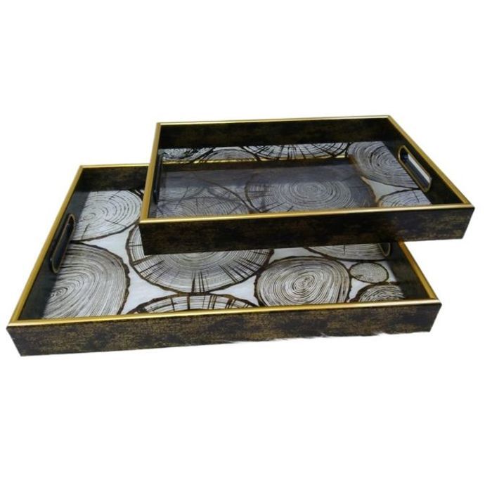 Plateaux en Bois - ART KITCHEN - Réf 23106 - Rectangulaire - Doré, Noir, Marron - Set de 2