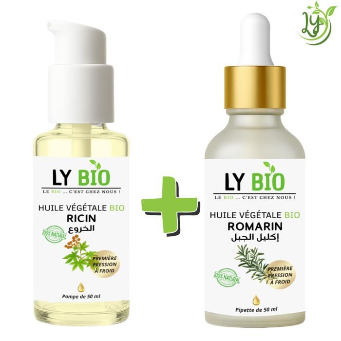 LYBIO PACK HUILE RICIN 50ML - POMPE + HUILE ROMARIN 50ML - PIPETTE