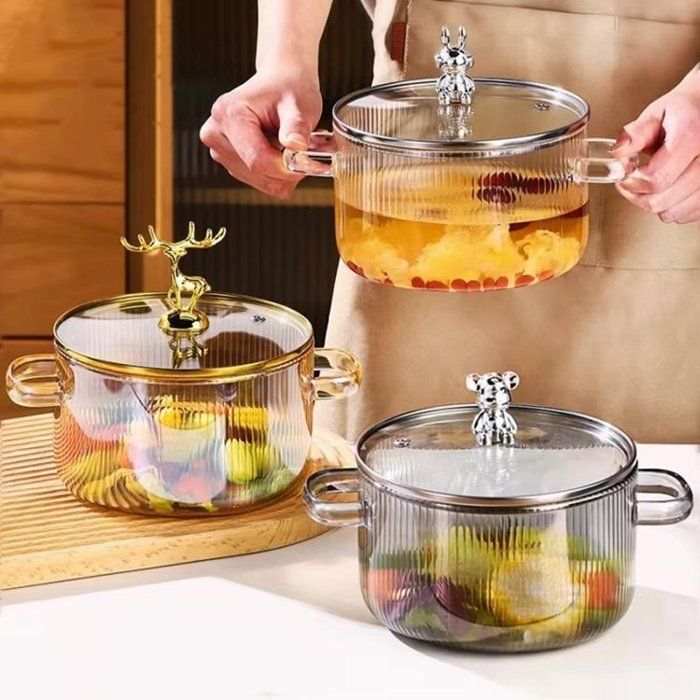 MARMITE EN VERRE RESISTANTE A LA CHALEUR TRANSPARENTE DETAIL DORE 1700 Ml -compatible avec coin à gaz ou induction