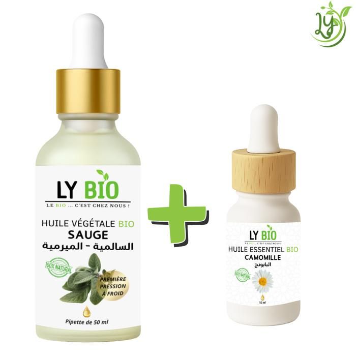 Pack d'huiles essentielles - LYBIO - Huile de sauge 50ml - Pipette - Camomille 10ml - Apaisant