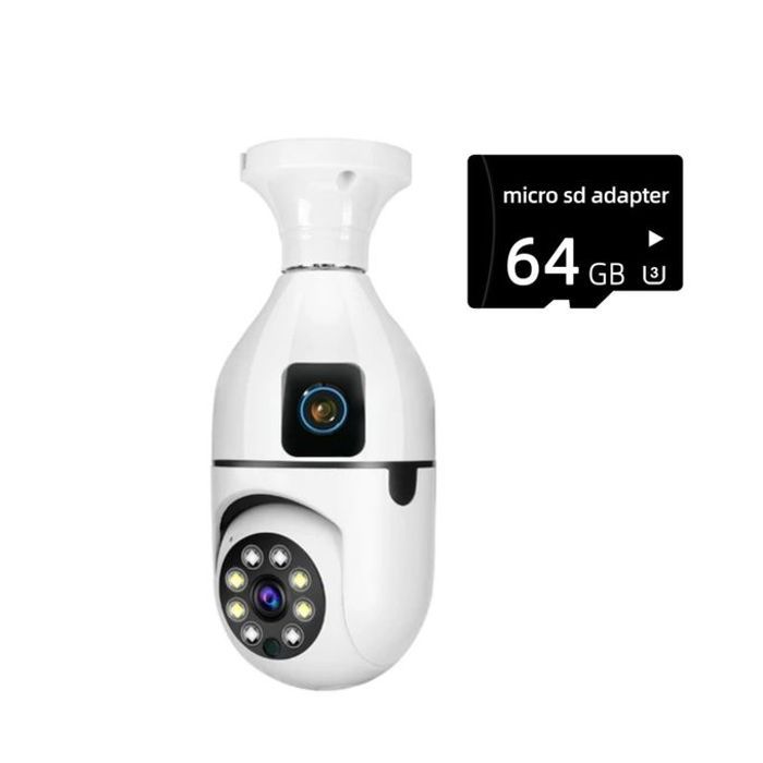 Caméra de sécurité PTZ Sans Fil 4MP E27 avec Double Objectif +Sd 64Go App V380